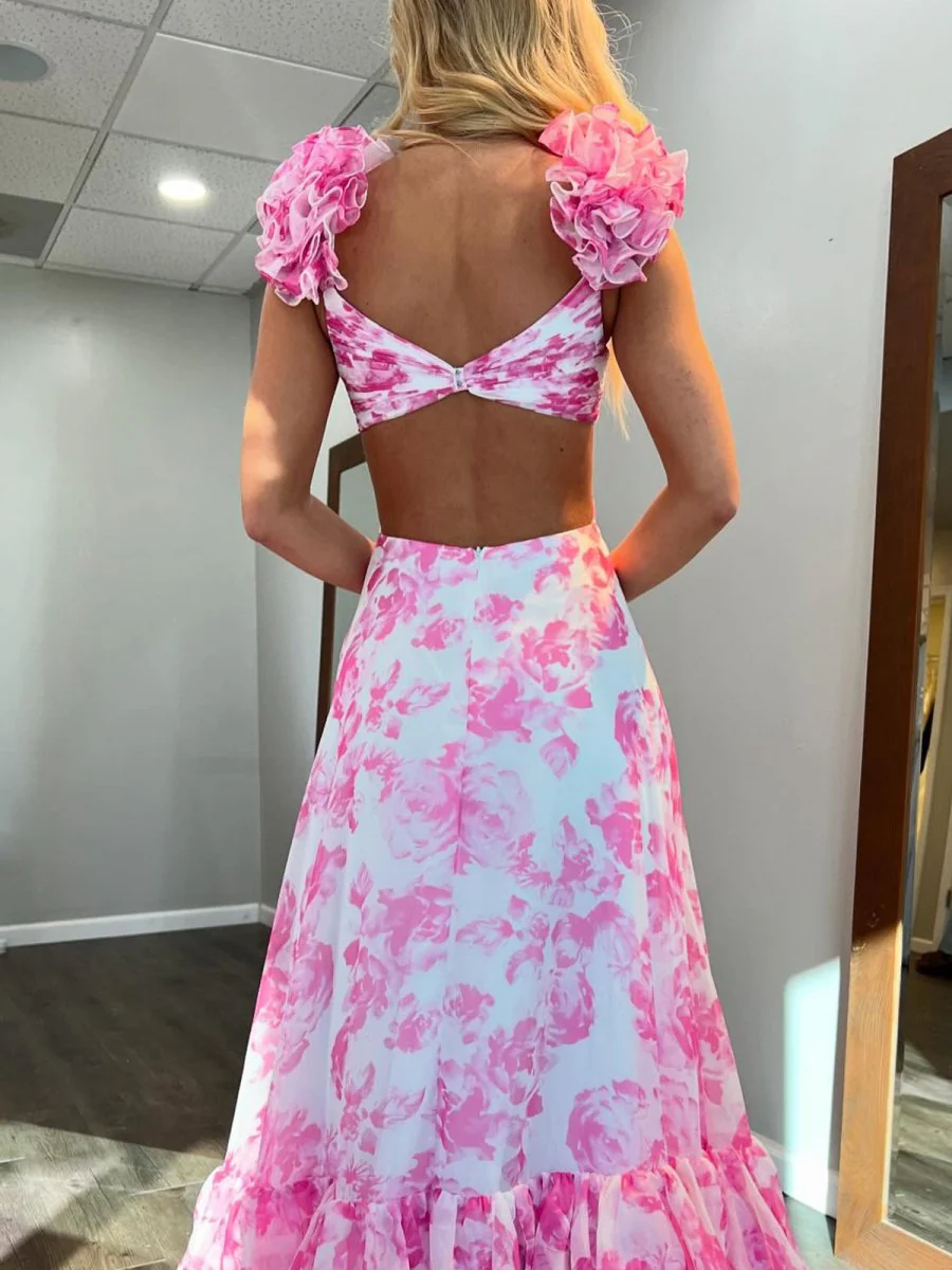 V Neck A-line Floral Printed Chiffon Slit Prom Dress