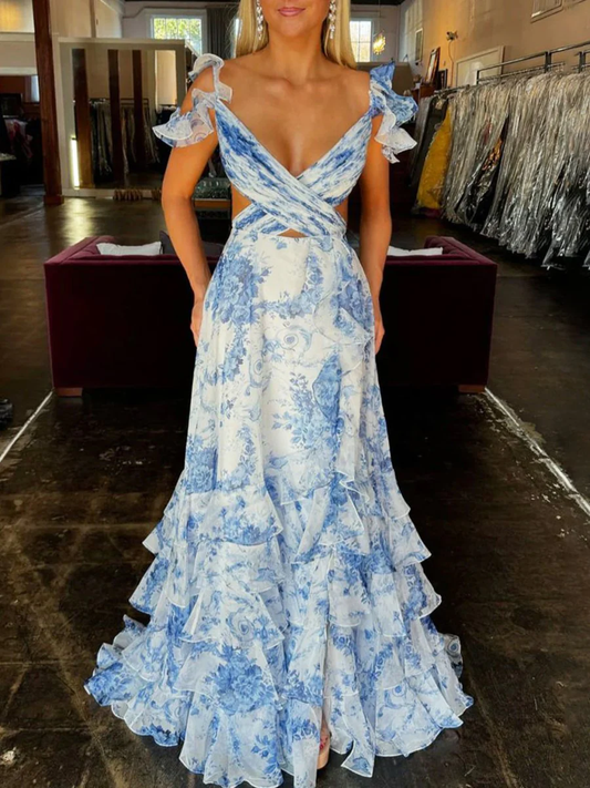 V Neck A-line Floral Printed Chiffon Slit Prom Dress