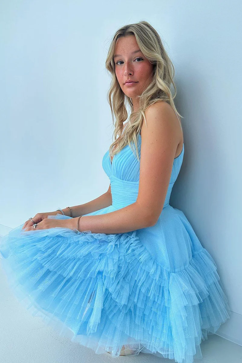 V Neck Blue Tulle Short A-Line Homecoming Dress