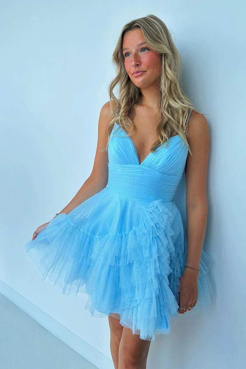 V Neck Blue Tulle Short A-Line Homecoming Dress