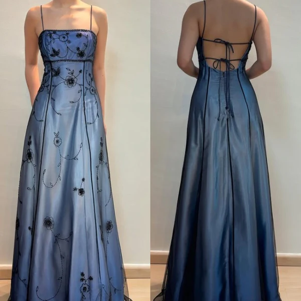 Vintage Blue Gradient Empire Prom Dresses Backless Romantic Beaded Evening Dresses Guest Dresses