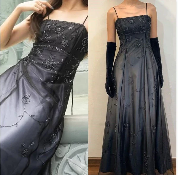Vintage Blue Gradient Empire Prom Dresses Backless Romantic Beaded Evening Dresses Guest Dresses