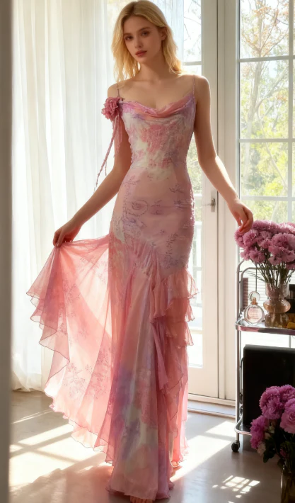 Vintage Pink Spaghetti Strap Mermaid Party Dresses Fairytale Chiffon Beaded Long Prom Dresses