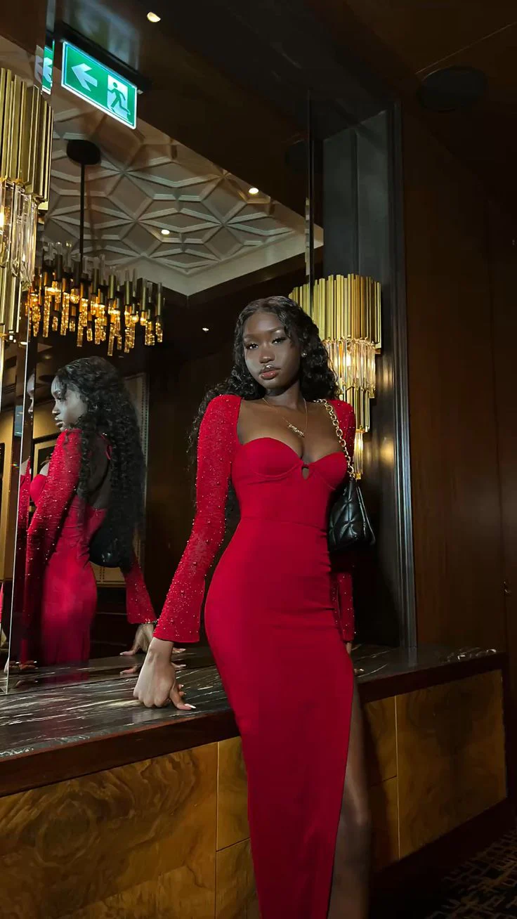 Vintage Red Evening Dress With Long Sleeves,20th Birthday Red Party Dress