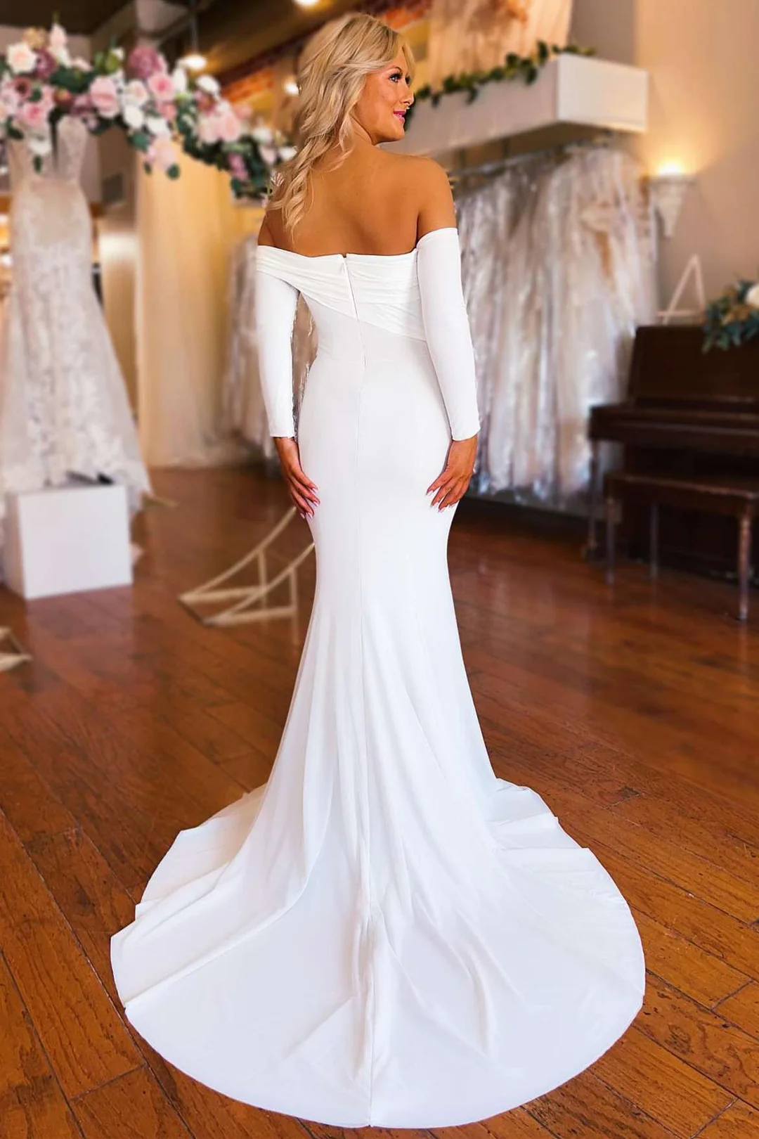White Off-the-Shoulder Long Sleeve Mermaid Wedding Dress