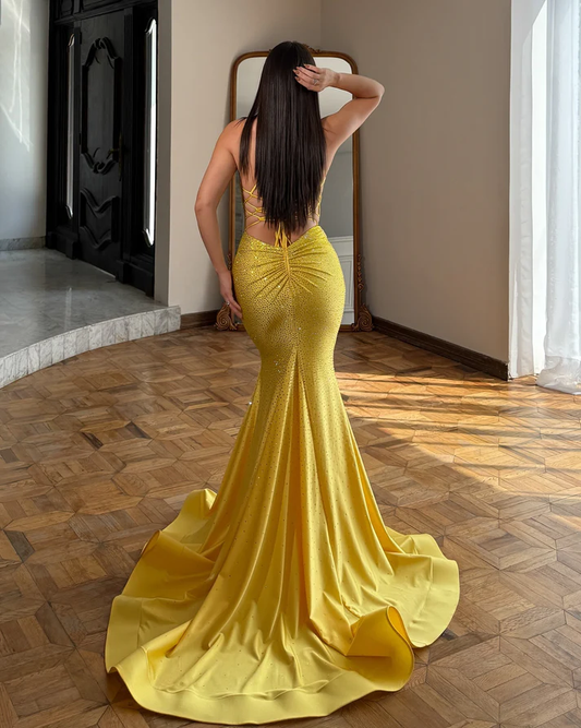 Women's Mermaid Satin Beaded Long Prom Dresses Sexy V Neck Evening Party Gowns