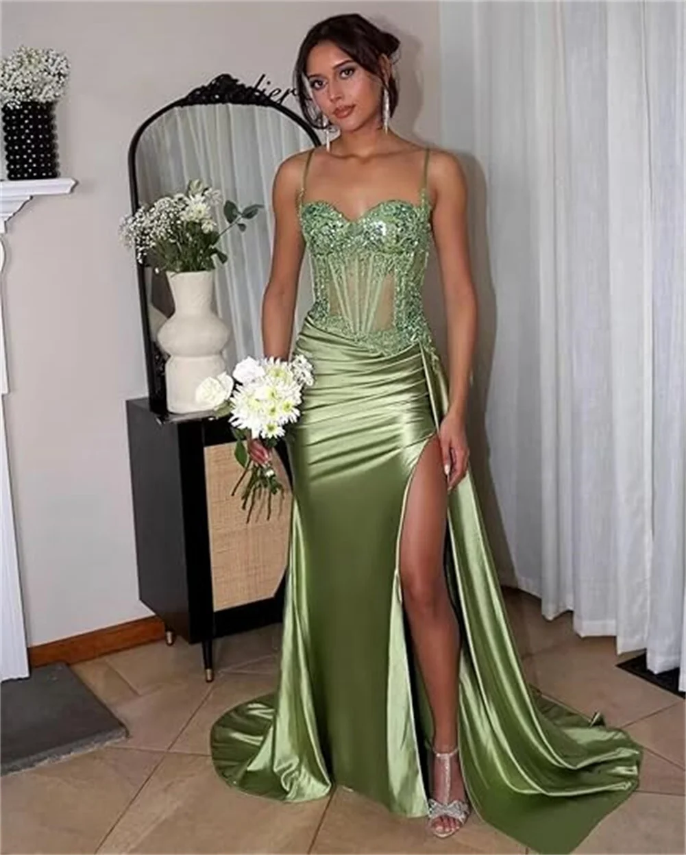 Women's Mermaid Satin Long Prom Dress Spaghetti Strap Lace Applique Formal Evening Gowns Side Slit Party Dress