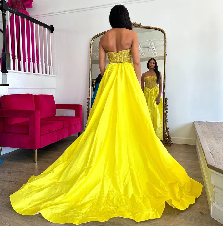 Women's Satin Beaded Prom Dresses Long Sweetheart Corset Party Dresses with Slit