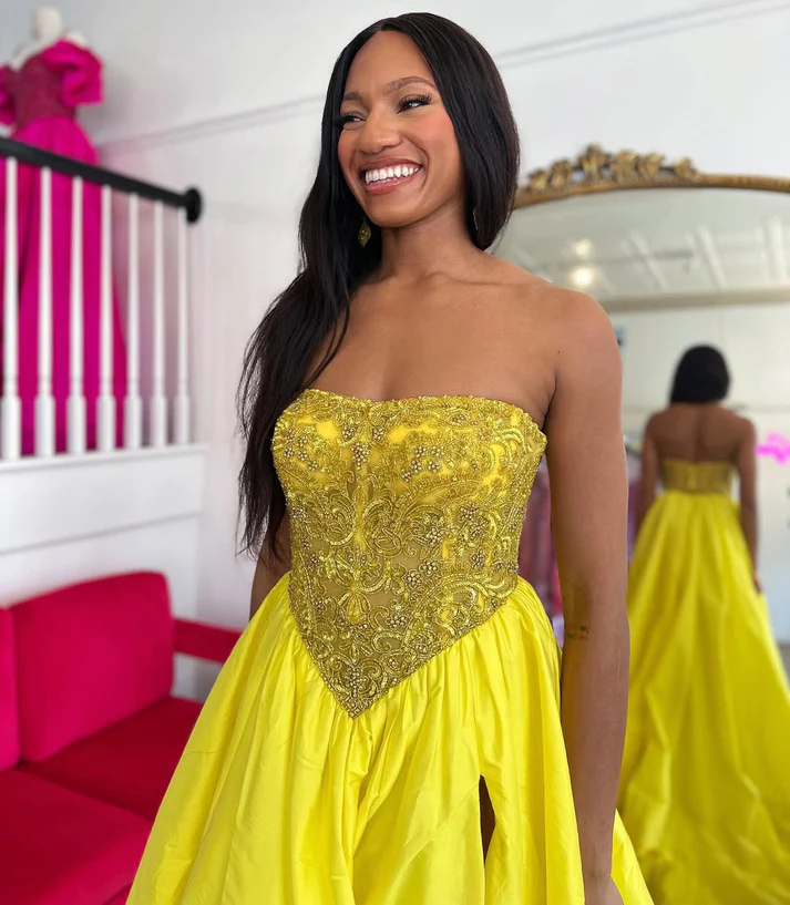 Women's Satin Beaded Prom Dresses Long Sweetheart Corset Party Dresses with Slit