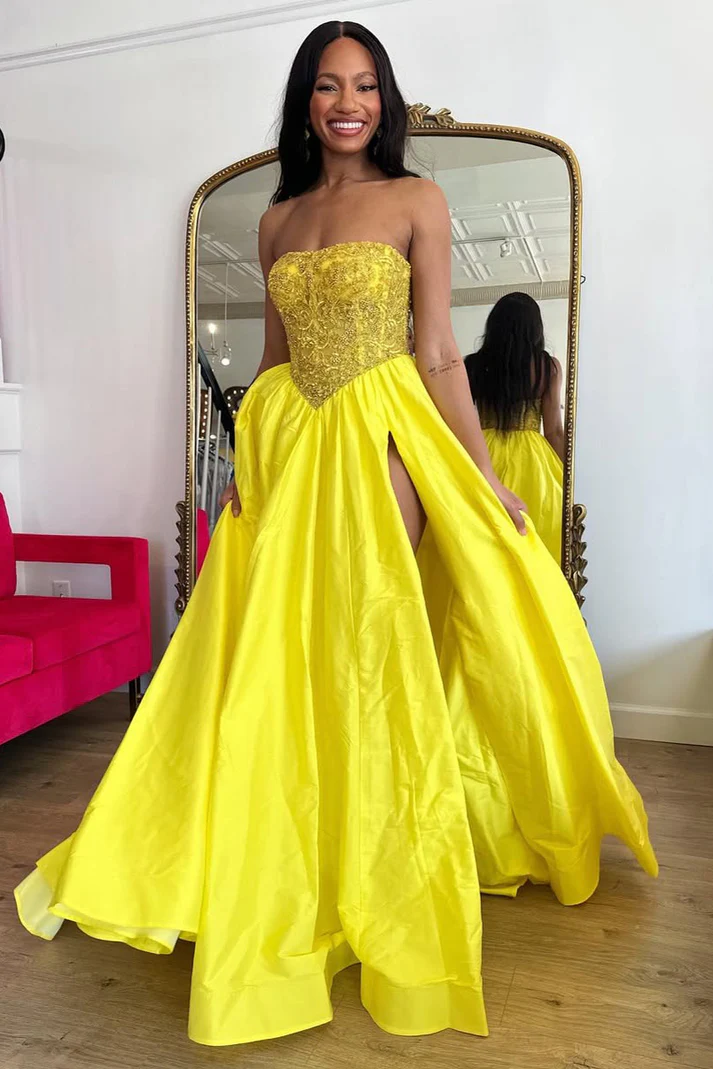 Women's Satin Beaded Prom Dresses Long Sweetheart Corset Party Dresses with Slit