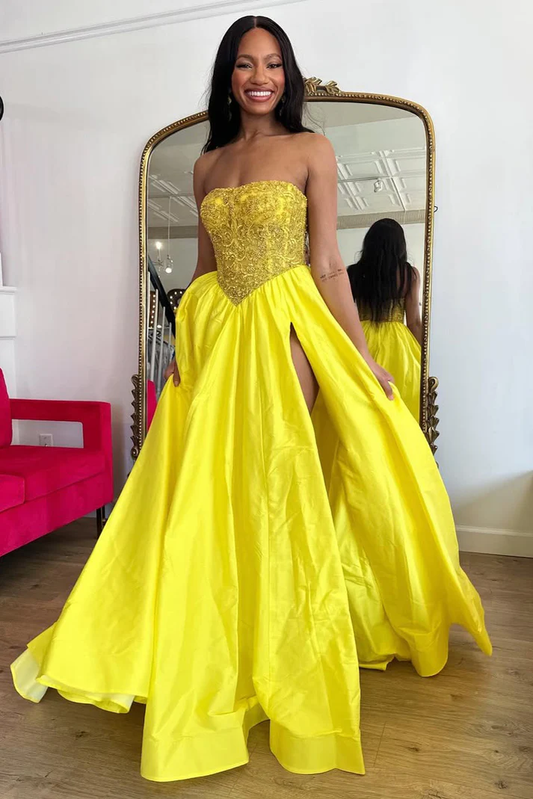 Women's Satin Beaded Prom Dresses Long Sweetheart Corset Party Dresses with Slit