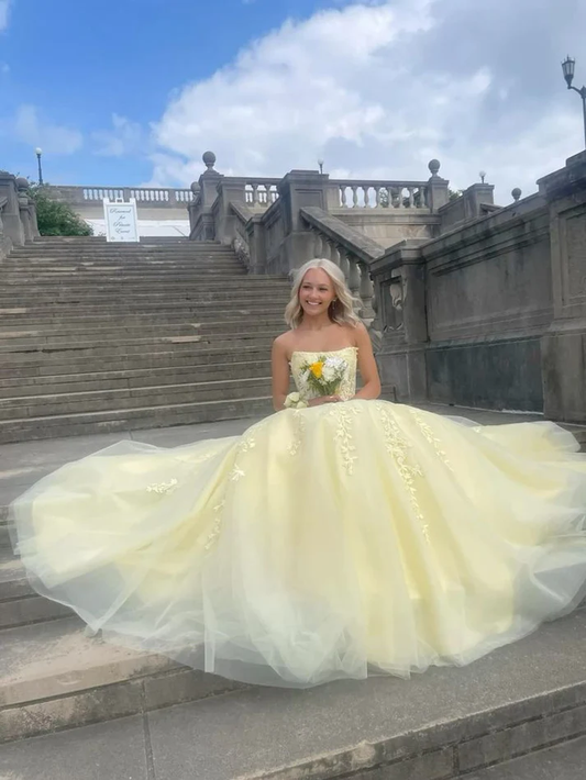 Yellow A Line Strapless Appliques Tulle Prom Dress Wedding Guest Dress