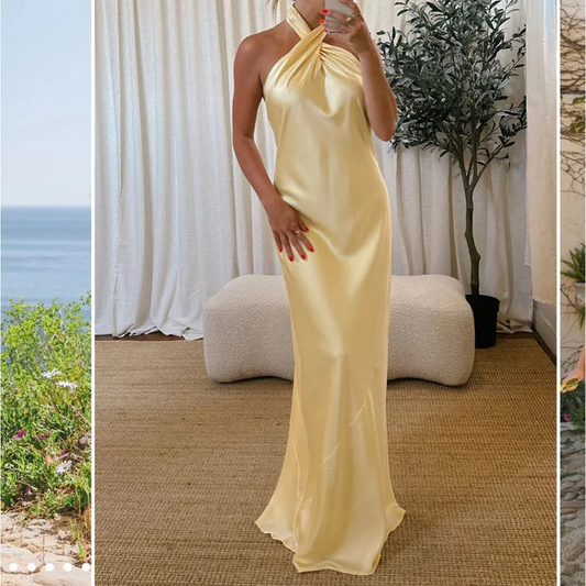 Yellow Halter Long Prom Dress Simple Satin Birthday Party Gown