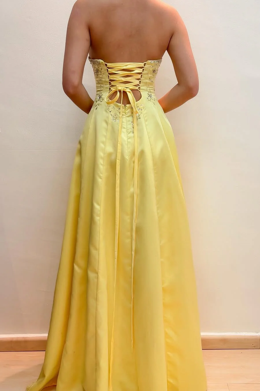 Yellow Strapless Appliques A-Line Satin Empire-Waist Long Prom Dress