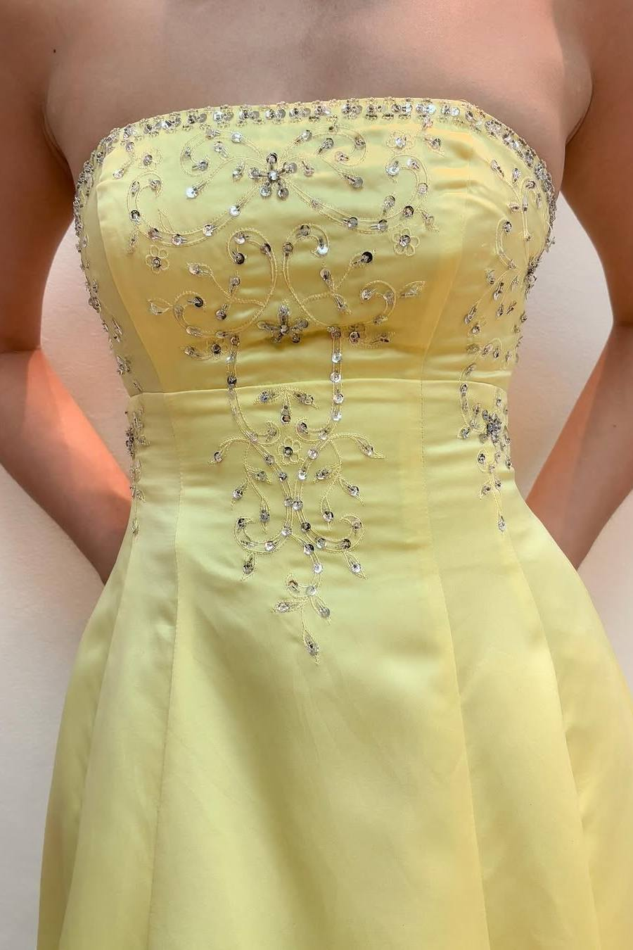 Yellow Strapless Appliques A-Line Satin Empire-Waist Long Prom Dress