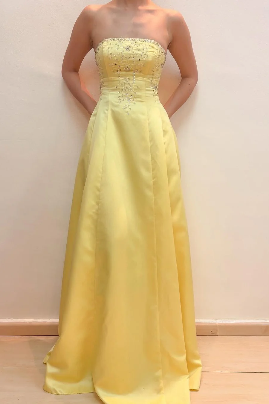 Yellow Strapless Appliques A-Line Satin Empire-Waist Long Prom Dress