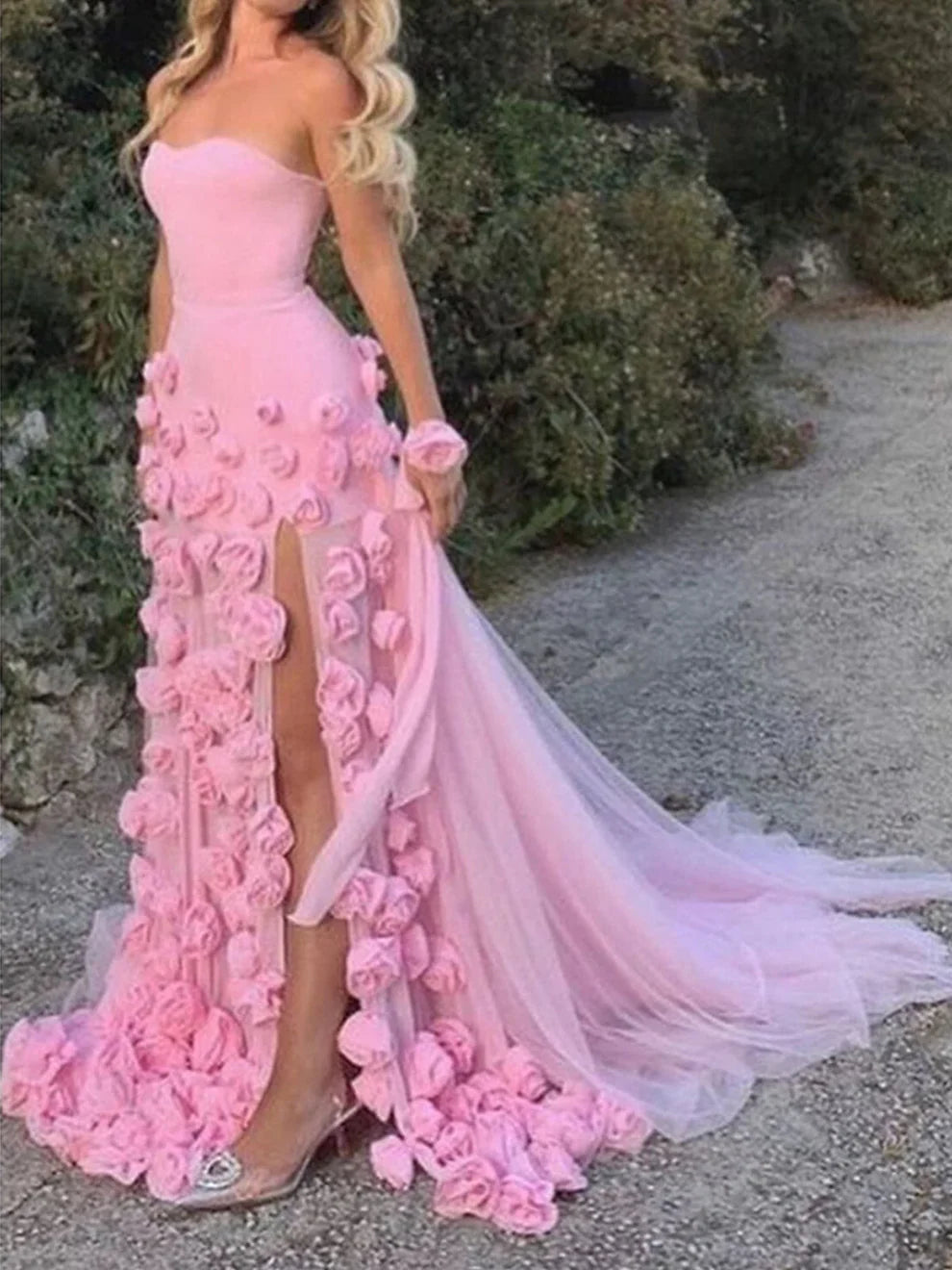 A line Sexy Sweetheart Sleeveless Pink Slit Flowers Prom Dress