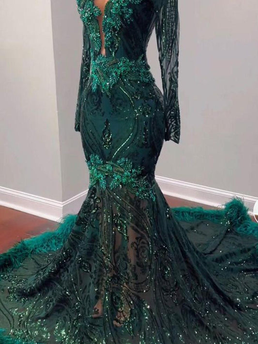 Green Mermaid Prom Dress Long Sleeves Evening Dress