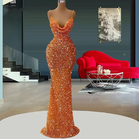 Orange Sparkling Mermaid Evening Dresses Women's V Neck Sleeveless Sequins Princess Prom Gowns Formal Party Robe customized