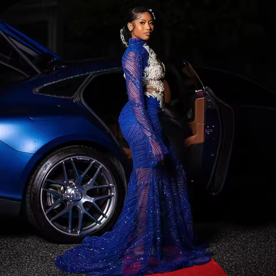 Blue Glitter Beaded Long Prom Dresses For Black Girls Sexy Sheer One Shoulder Mermaid Birthday Party Evening Gown Customized