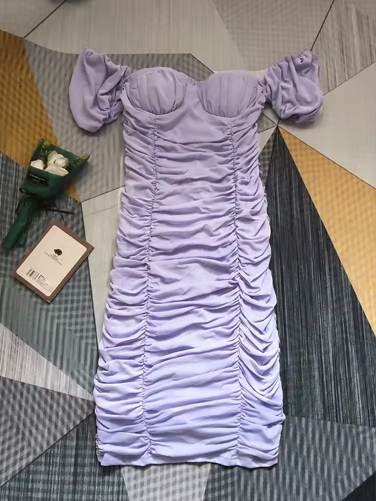 Summer Women's Puff Sleeve Mesh Pleated Midi Dress With Pads Sexy Party Women's Dress Double Layer