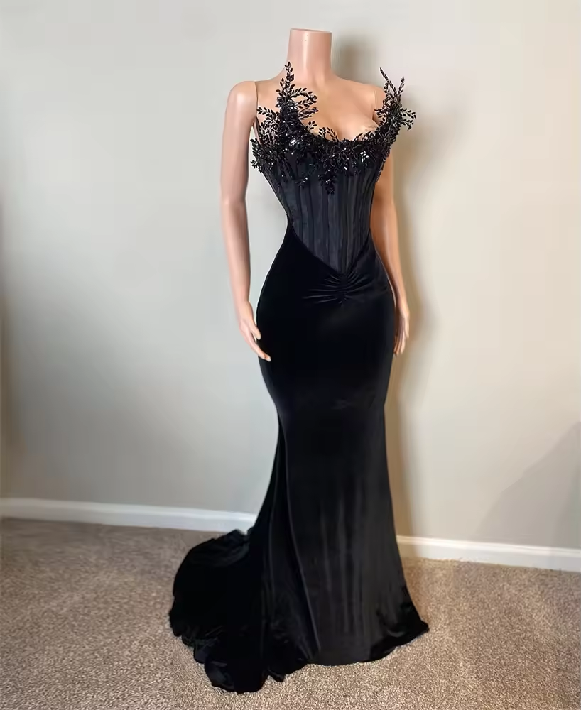 Luxury Black Evening Dress Velvet Birthday Party Dress Celebrity Bead Diamonds Dresses For Wedding Party Gown 2025 Customized