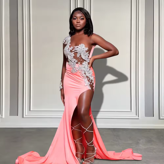 Sexy Black Girls Pink Prom Dresses with Slit Long Silver Crystals Mermaid Birthday Party Gowns One Sleeve Customized