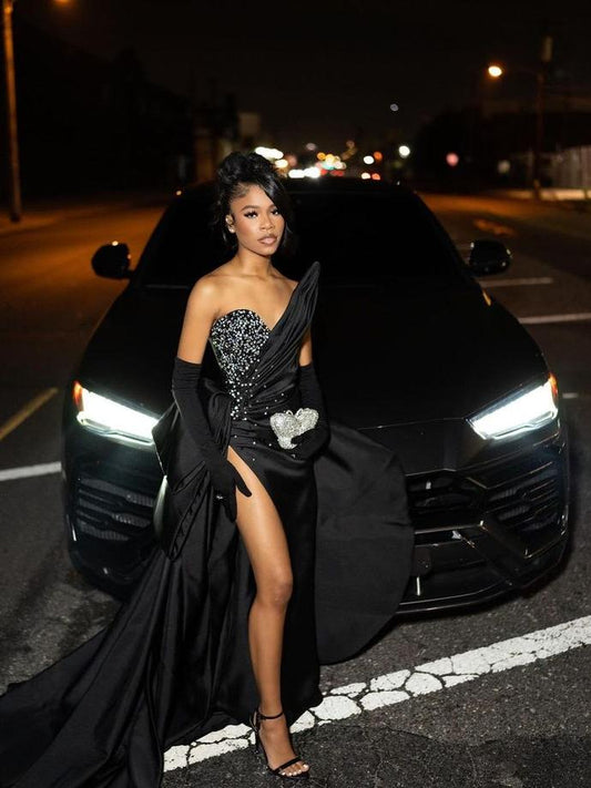 Black Sequin Strapless Prom Dress with Long Slit Pleated