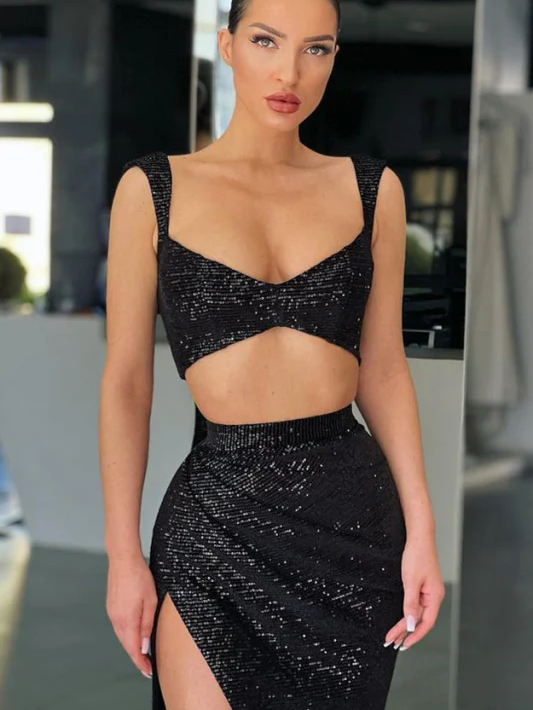 Black Sequined Mermaid Prom Dress with Strappy Back Detail