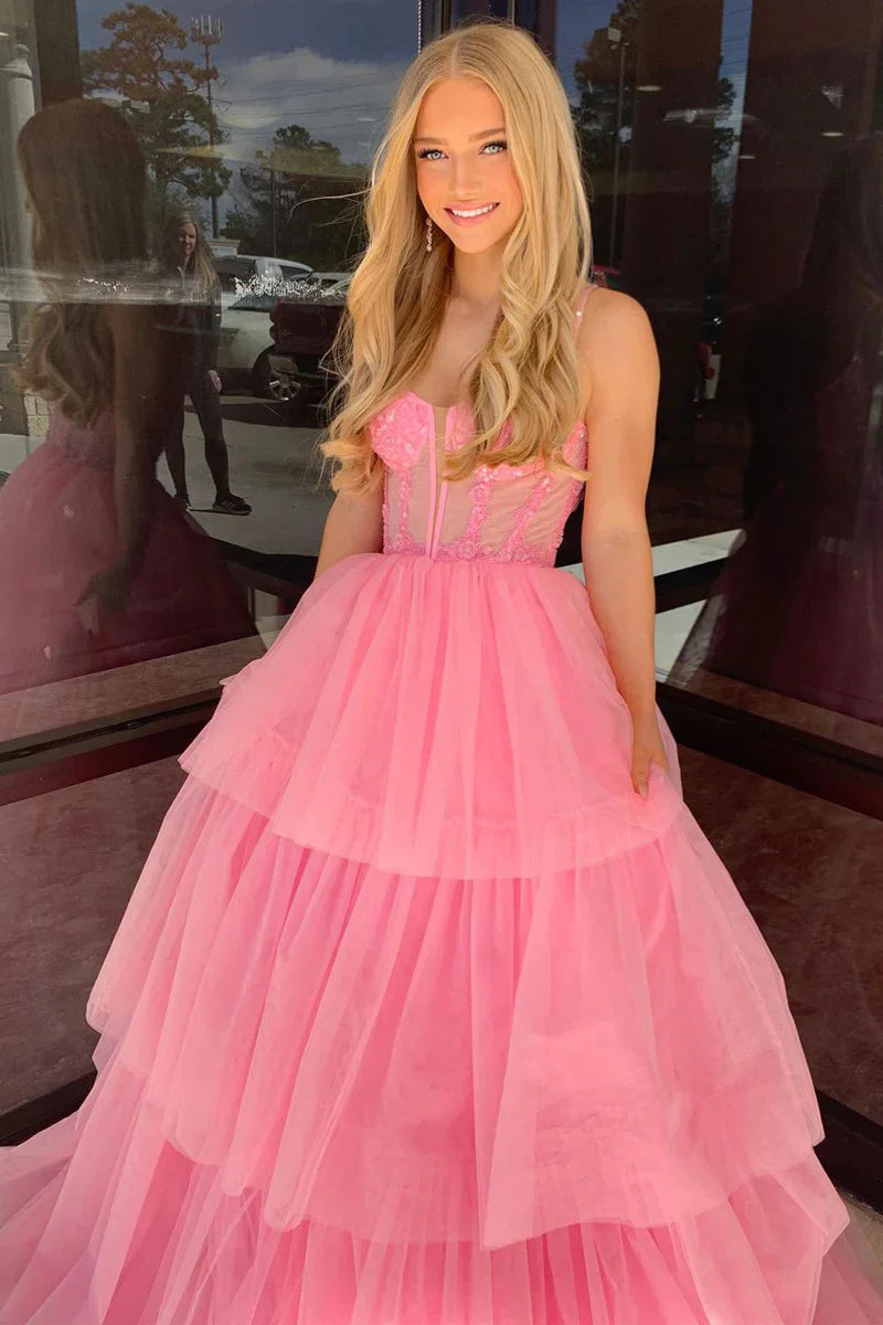 Cute Pink Tiered Tulle Long Prom Dress