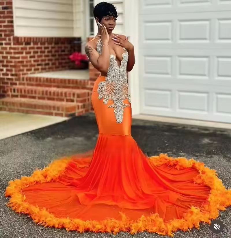 Luxury Orange Prom Dresses 2025 For Black Girls Crystal Feathers Merma ...