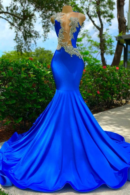 Royal Blue Sleeveless Mermaid Prom Dress with Sexy Cut Out and Appliques