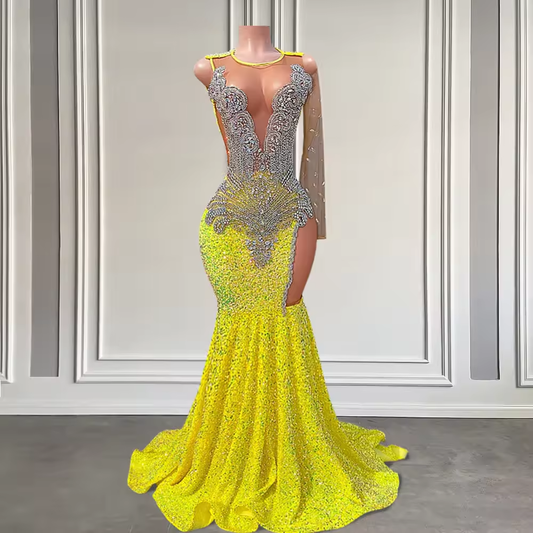 Yellow One Sleeve Mermaid Prom Dresses 2025 Luxury Sheer Mesh Crystal Bead Sequin Long Prom Gala Dress for Black Girl Customized