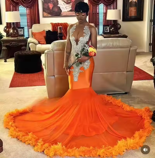 Luxury Orange Prom Dresses 2025 For Black Girls Crystal Feathers Mermaid Evening Gowns Satin Party Dress Gala Long Customized