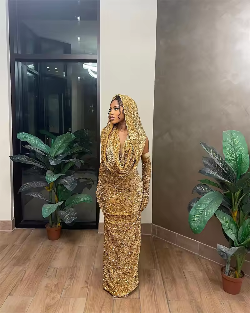 Gold Mermaid Prom Dresses 2025 With Cape Black Girls Evening Gown Wedding Party Birthday Gown With Gloves Customized