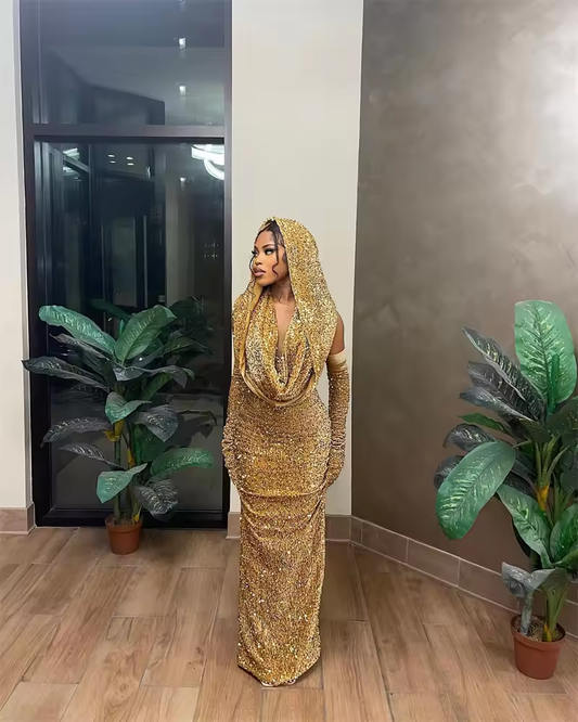 Gold Mermaid Prom Dresses 2025 With Cape Black Girls Evening Gown Wedding Party Birthday Gown With Gloves Customized