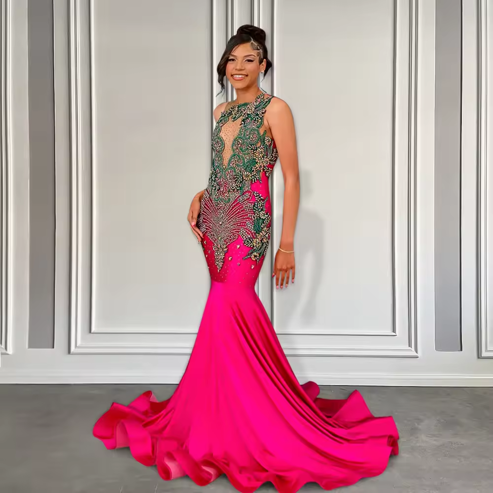 Hot Pink Mermaid Prom Dress 2025 Luxury Green & Gold Embroidered Crystals Bodice Elegant Black Girls Long Formal Gown Customized