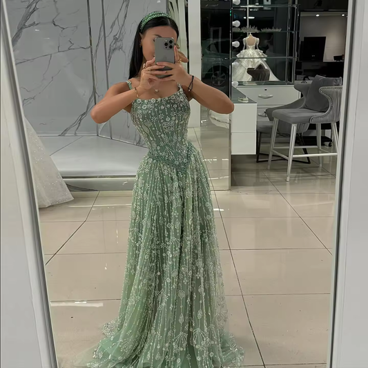 Elegant Sage Green Luxury Arabic Evening Dress for Women Wedding Party Spaghetti Straps 2025 New