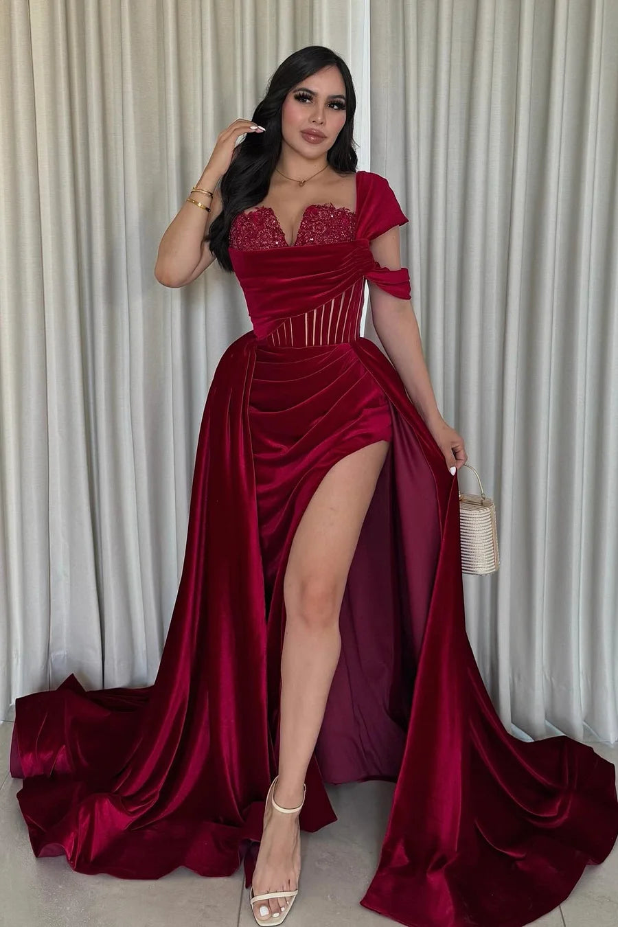 Burgundy Off-the-Shoulder Sleeveless Mermaid Evening Dress With High Split Overskirt