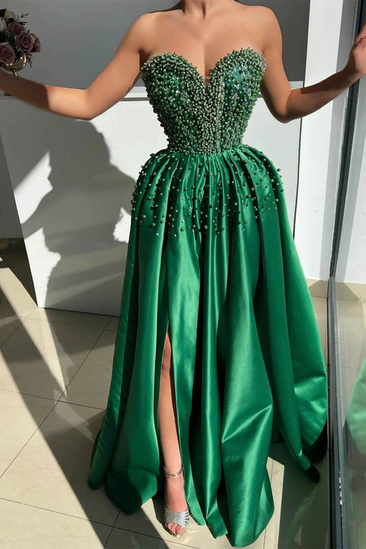 Emerald Green Sweetheart Sleeveless A-Line Prom Party Dress With Split Beads Pearls