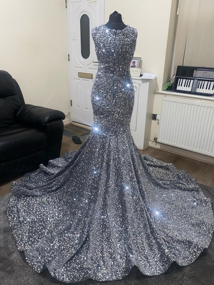 Gray Prom dress, Sequence floor length Mermaid dress, prom dress