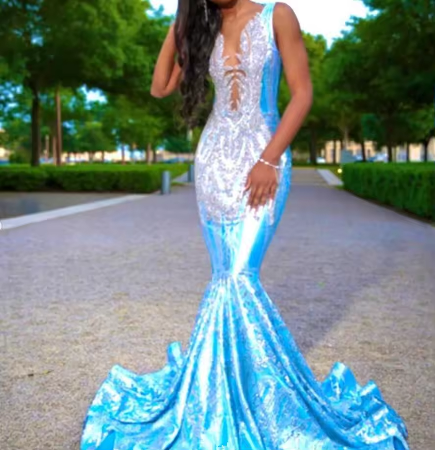 Sky Blue Long Mermaid Prom Dress for Women Silver Diamond Crystal Applique Black Girl Birthday Evening Gown Formal Dresses