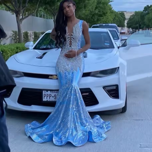 Sky Blue Long Mermaid Prom Dress for Women Silver Diamond Crystal Applique Black Girl Birthday Evening Gown Formal Dresses