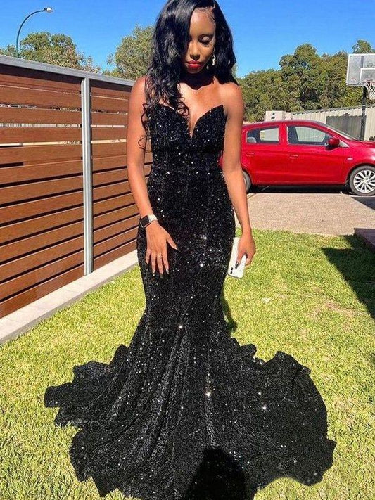 Black Mermaid Sequin Strapless Prom Dress