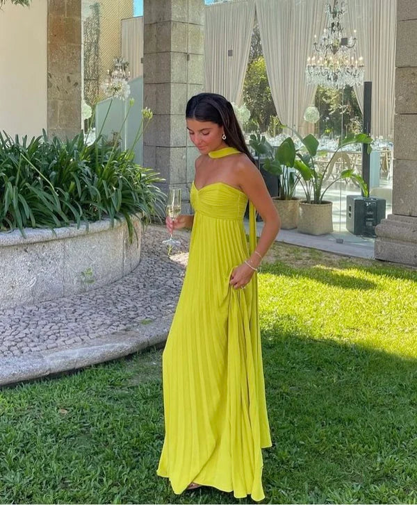 Yellow green fashion simple elegant tube top off shoulder long chiffon ball gown party dress evening dress with scarf Prom Dress