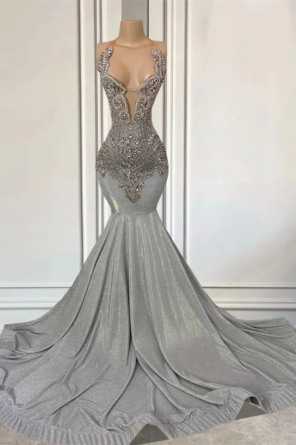 Silver Halter Mermaid Prom Dress Sleeveless Long With Beadings