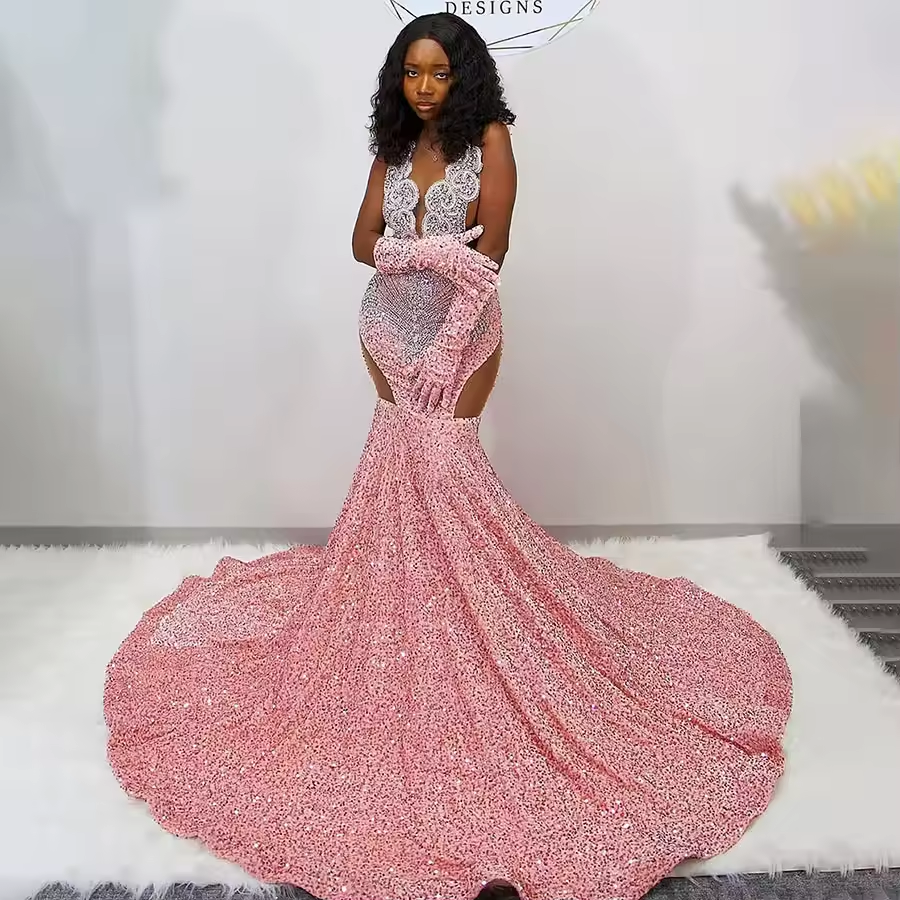 Sparkly Pink Sexy Sequin Mermaid Prom Dresses 2025 Luxury Silver Crystal Beaded Sheer Neck Long Prom Gowns for Black Girls