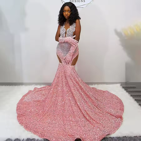 Sparkly Pink Sexy Sequin Mermaid Prom Dresses 2025 Luxury Silver Crystal Beaded Sheer Neck Long Prom Gowns for Black Girls