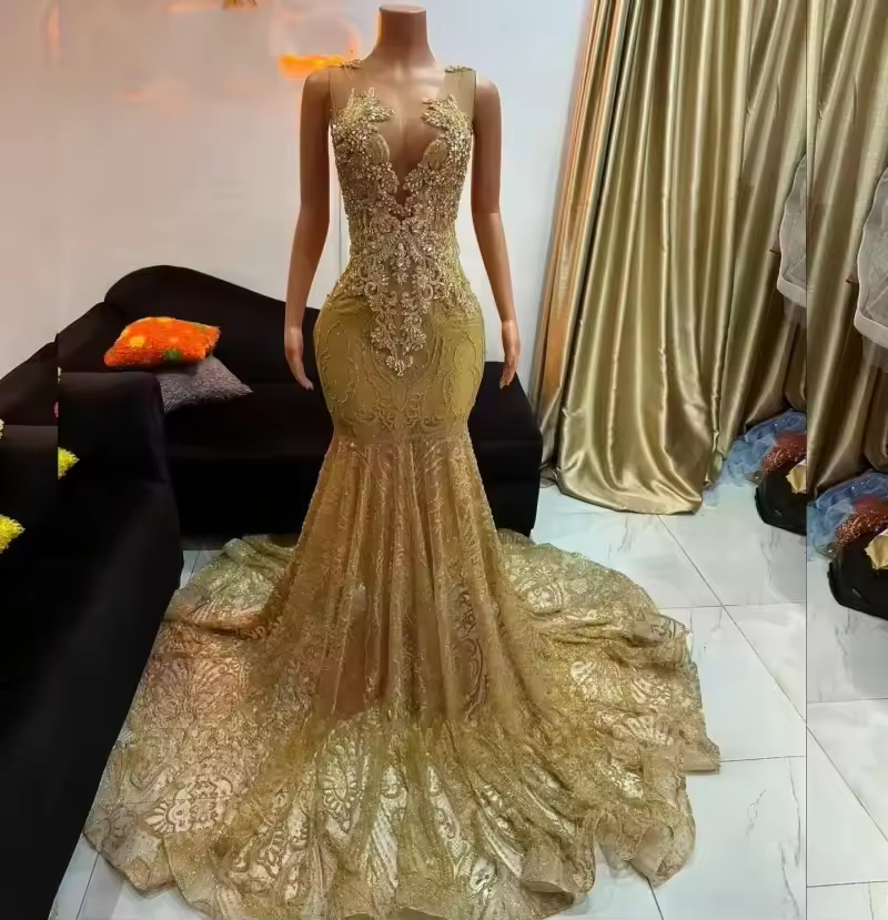 Gold Prom Dresses Black Girl 2025 Luxury Rhinestone Mermaid Party Gowns African Crystal Lace Evening Dress Customized