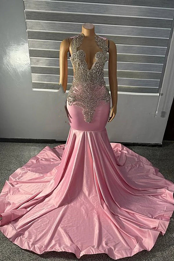 High neck Unique Silver Beaded Pink Mermaid Prom Dresses